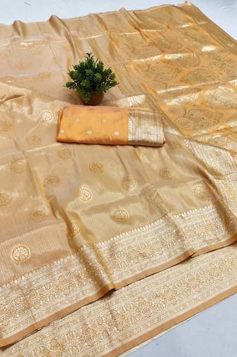 Mustard zari woven banarasi silk blend saree with blouse piece