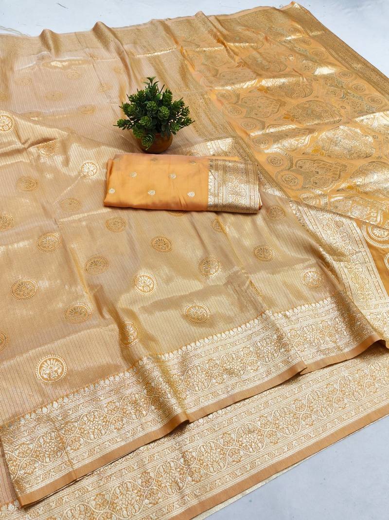 Mustard zari woven banarasi silk blend saree with blouse piece