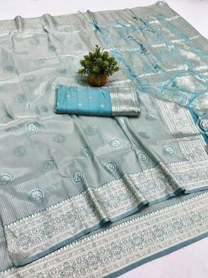 Blue zari woven silk blend saree with blouse piece 1