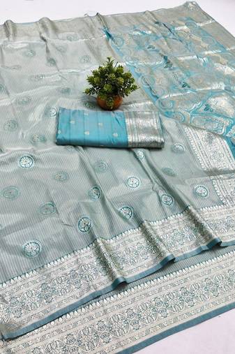 Blue zari woven banarasi silk blend saree with blouse piece