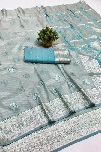 Blue zari woven silk blend saree with blouse piece