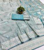 Blue zari woven banarasi silk blend saree with blouse piece