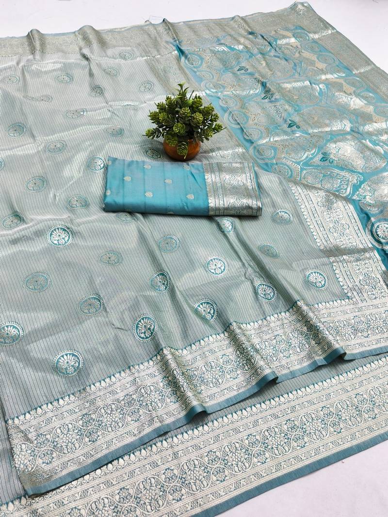Blue zari woven banarasi silk blend saree with blouse piece