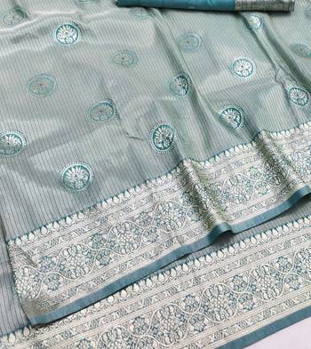 Blue zari woven silk blend saree with blouse piece 3