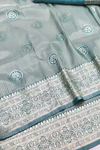 Blue zari woven silk blend saree with blouse piece