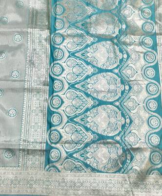 Blue zari woven silk blend saree with blouse piece 5