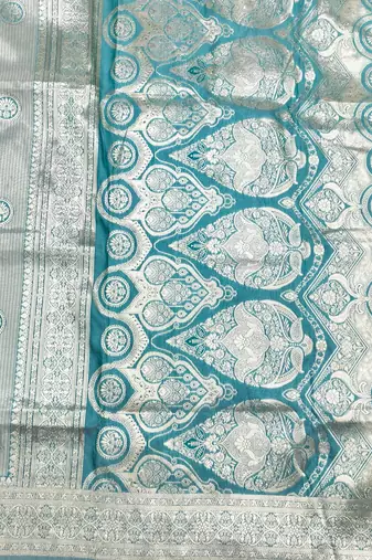 Blue zari woven silk blend saree with blouse piece