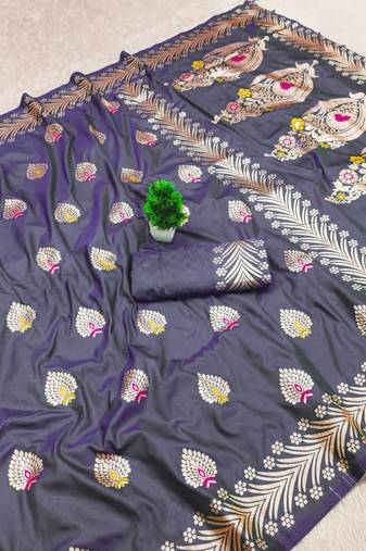 Lavendor zari woven banarasi silk blend saree with blouse piece