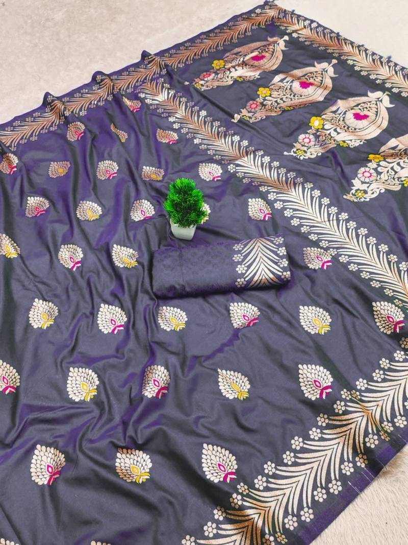 Lavendor zari woven banarasi silk blend saree with blouse piece