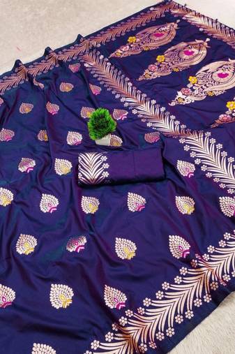 Purple zari woven banarasi silk blend saree with blouse piece