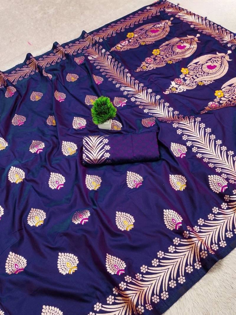 Purple zari woven banarasi silk blend saree with blouse piece