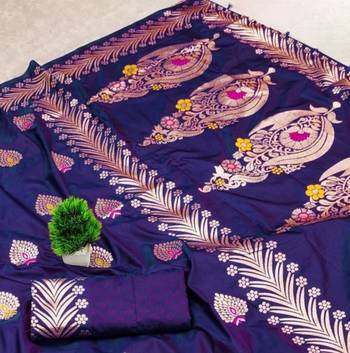 Purple zari woven silk blend saree with blouse piece 2