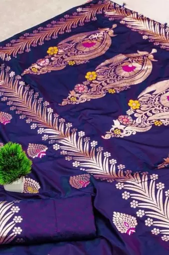 Purple zari woven silk blend saree with blouse piece