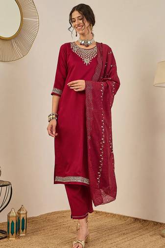 Floral embroidered viscose rayon round neck kurta trouser & dupatta