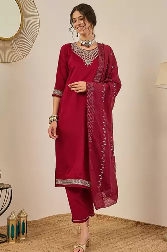 Floral embroidered viscose rayon round neck kurta trouser & dupatta