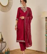 Floral embroidered viscose rayon round neck kurta trouser & dupatta
