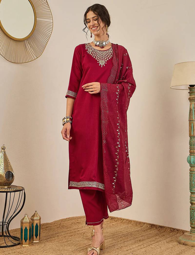 Floral embroidered viscose rayon round neck kurta trouser & dupatta