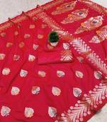 Rani zari woven banarasi silk blend saree with blouse piece