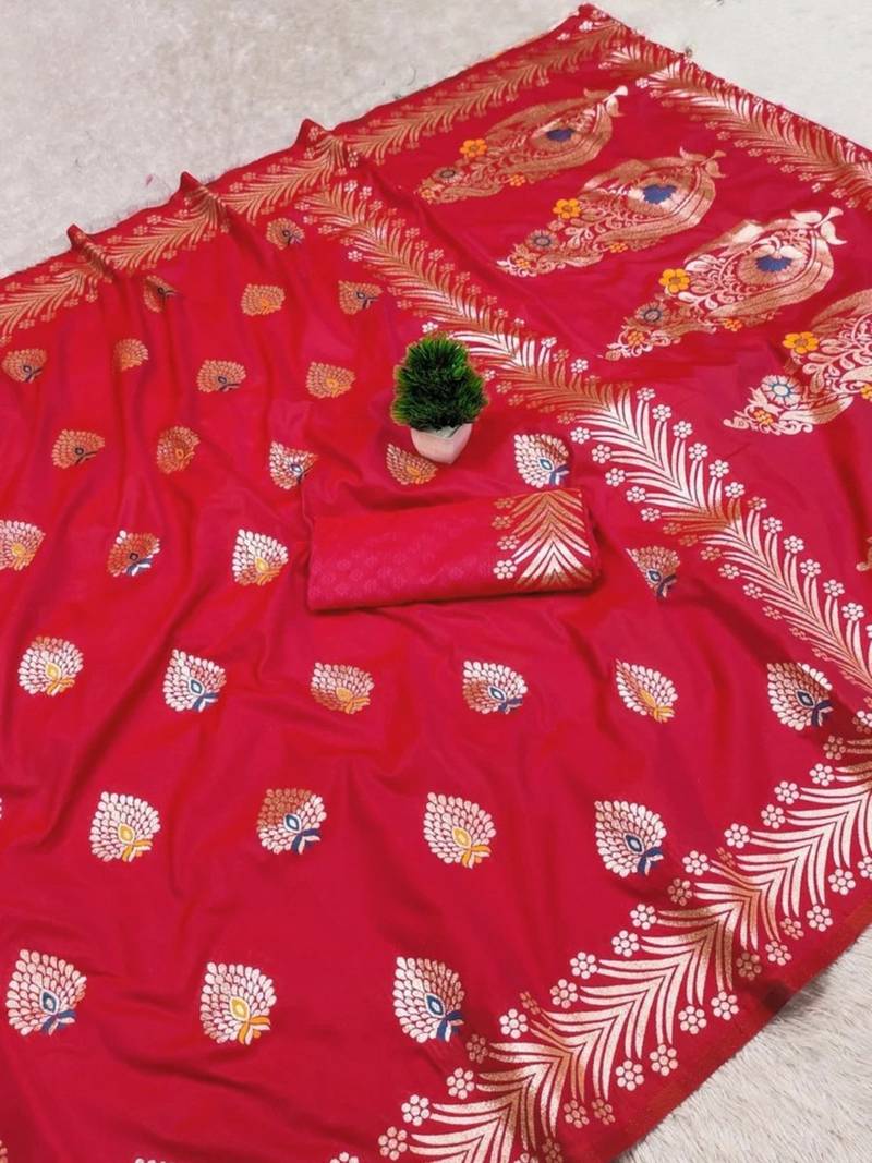 Rani zari woven banarasi silk blend saree with blouse piece