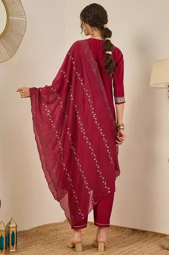 Floral embroidered viscose rayon round neck kurta trouser & dupatta