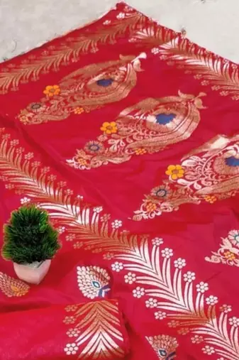 Rani zari woven silk blend saree with blouse piece