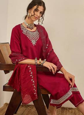 Floral embroidered viscose rayon round neck kurta trouser & dupatta 3
