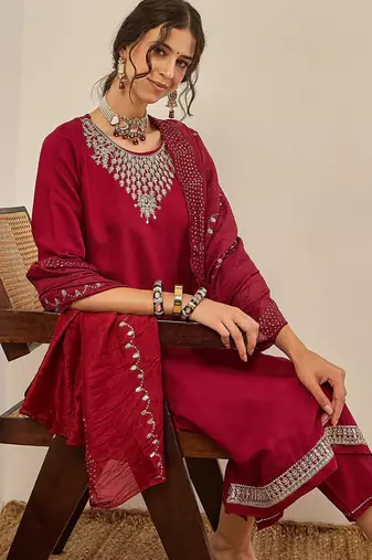 Floral embroidered viscose rayon round neck kurta trouser & dupatta