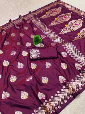 Wine zari woven silk blend saree with blouse piece 1
