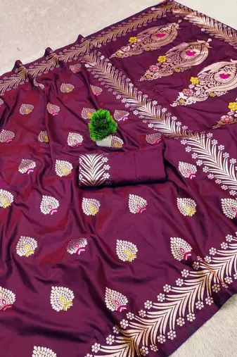 Wine zari woven banarasi silk blend saree with blouse piece