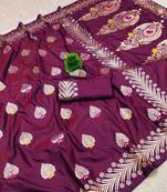Wine zari woven banarasi silk blend saree with blouse piece