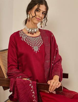 Floral embroidered viscose rayon round neck kurta trouser & dupatta 4