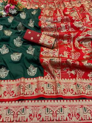 Dark green zari woven silk blend saree with blouse piece 1