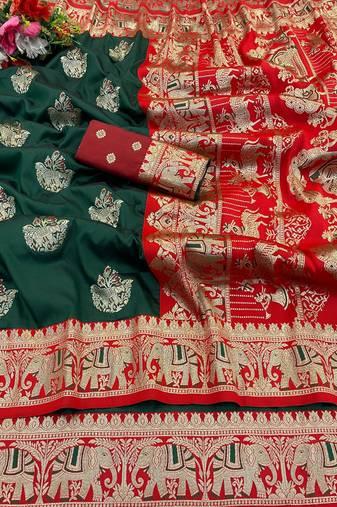 Dark green zari woven silk blend saree with blouse piece