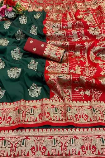 Dark green zari woven silk blend saree with blouse piece
