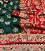 Dark green zari woven banarasi silk blend saree with blouse piece