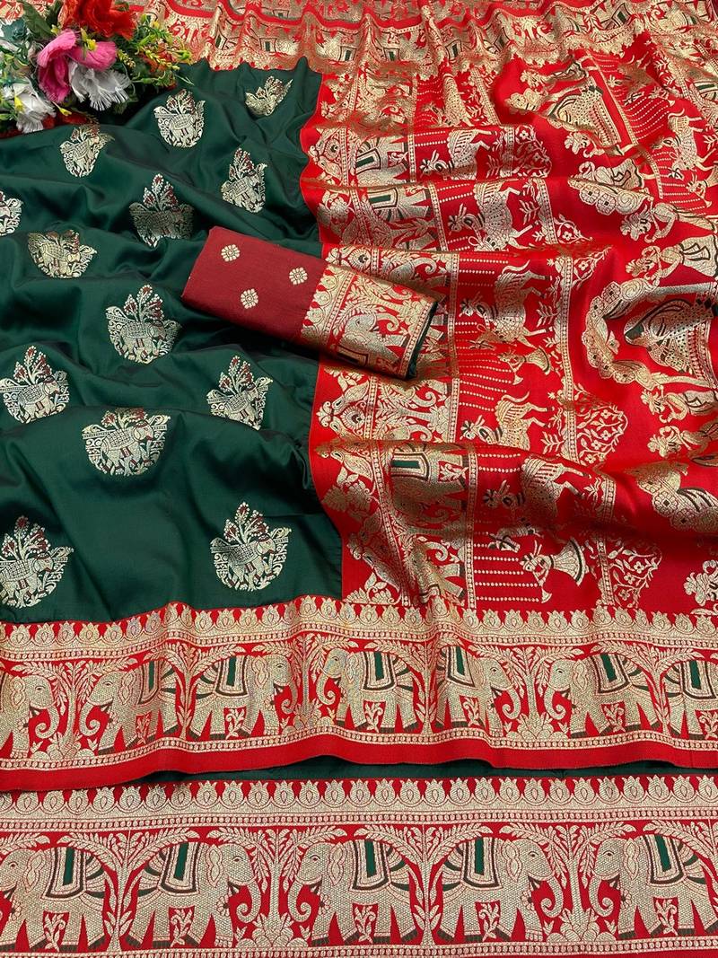 Dark green zari woven banarasi silk blend saree with blouse piece