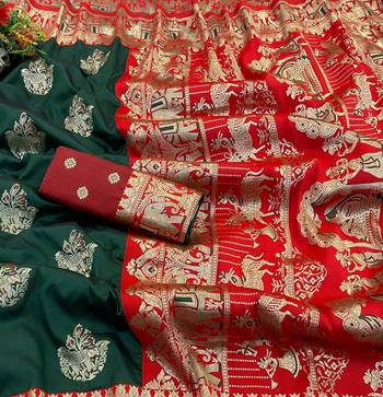 Dark green zari woven silk blend saree with blouse piece 2