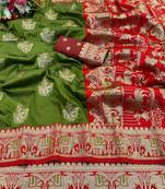 Mehendi zari woven banarasi silk blend saree with blouse piece