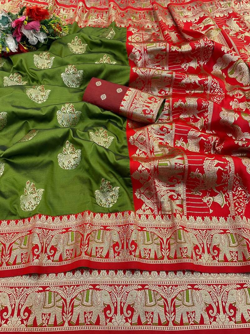 Mehendi zari woven banarasi silk blend saree with blouse piece