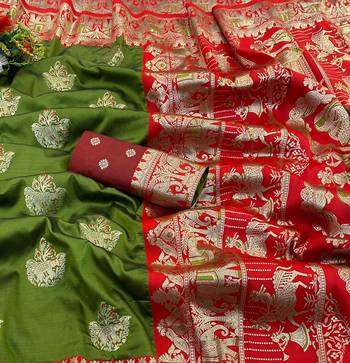 Mehendi zari woven silk blend saree with blouse piece 2