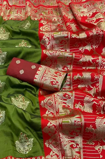 Mehendi zari woven silk blend saree with blouse piece