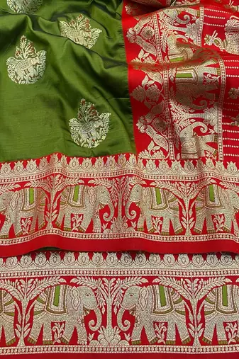Mehendi zari woven silk blend saree with blouse piece