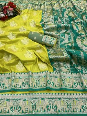 Lime zari woven silk blend saree with blouse piece 1