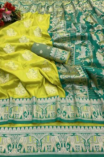 Lime zari woven silk blend saree with blouse piece