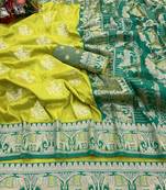 Lime zari woven banarasi silk blend saree with blouse piece