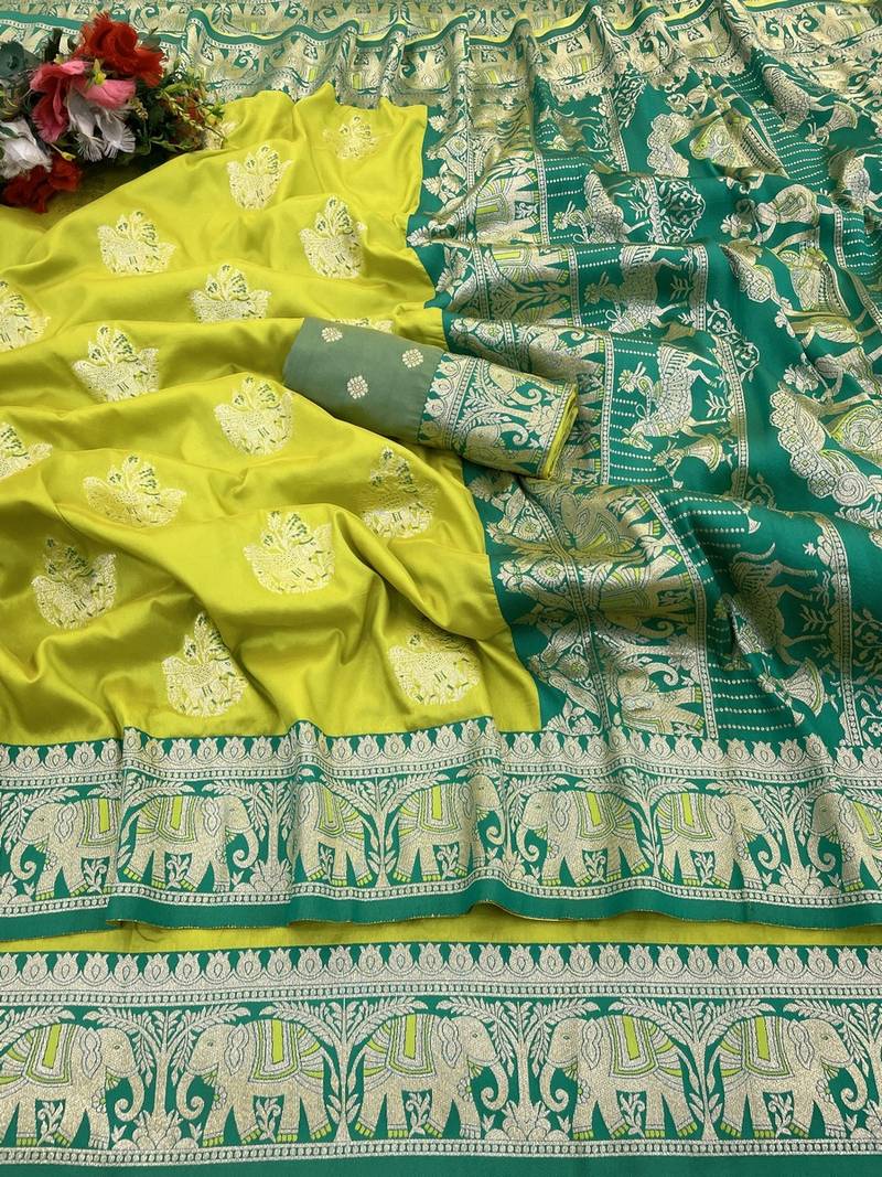 Lime zari woven banarasi silk blend saree with blouse piece
