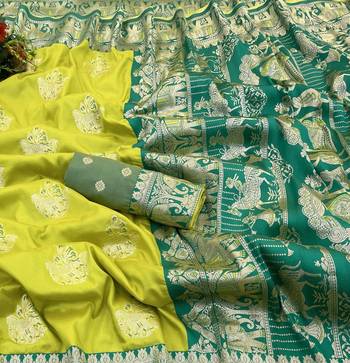 Lime zari woven silk blend saree with blouse piece 2