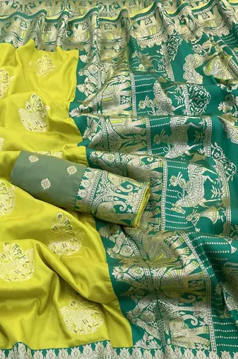Lime zari woven silk blend saree with blouse piece