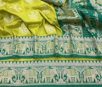 Lime zari woven silk blend saree with blouse piece 3