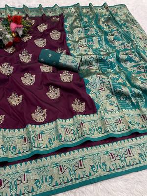 Wine zari woven silk blend saree with blouse piece 1